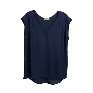 Pleione Women's Blouse Sleeveless Navy Blue‎ Pleated V-Neck Sz S